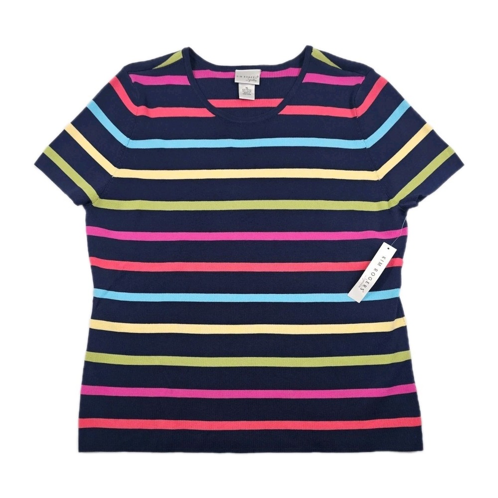Kim Rogers Signature Navy Blue Rainbow Striped‎ Womens XL Short Sleeve Stretch